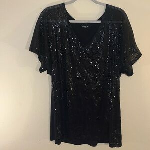 Allen B Top Y2K Women Sequin Black Silver Gathered Back Sparkle L